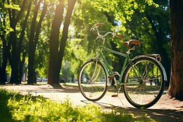 Fototapeta premium Sun-Drenched Park Scene: Bicycle Amid Lush Tree Canopy in Urban Oasis