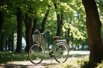 Obraz premium Sun-Drenched Park Scene: Bicycle Amid Lush Tree Canopy in Urban Oasis