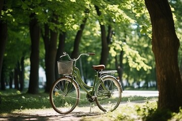 Fototapeta na wymiar Sun-Drenched Park Scene: Bicycle Amid Lush Tree Canopy in Urban Oasis