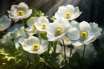 Elegant Spring Macro: White Anemones, Ladybug, and Sunlight on a Dark Background