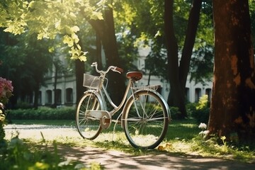 Fototapeta na wymiar Sun-Drenched Park Scene: Bicycle Amid Lush Tree Canopy in Urban Oasis