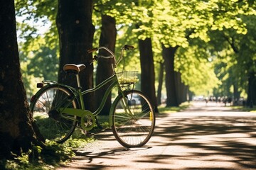 Fototapeta premium Sun-Drenched Park Scene: Bicycle Amid Lush Tree Canopy in Urban Oasis