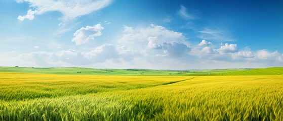 Fototapeta premium Colorful Summer Panorama: Green Grass, Ripe Wheat Field, and Blue Sky