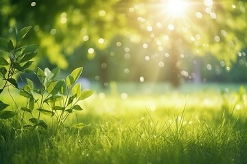 Obraz premium Refreshing Summer Landscape: Wet Green Grass, Morning Dew, and Sunlit Foliage in a Park