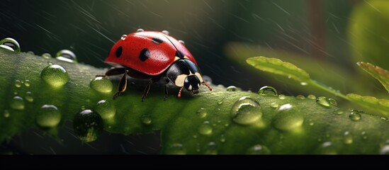 Ladybug on green leaf, water droplets on leaf