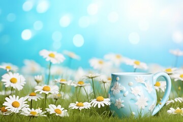 Scenic Spring-Summer Meadow: Light Blue Mug Adorned with Daisies