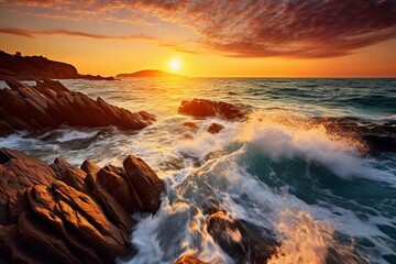Obraz premium Gorgeous Mediterranean Sunset: Waves Crashing on Coastal Rocks in Natural Seascape