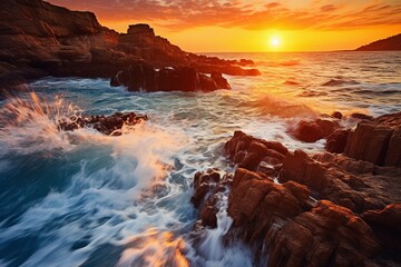 Obraz premium Gorgeous Mediterranean Sunset: Waves Crashing on Coastal Rocks in Natural Seascape
