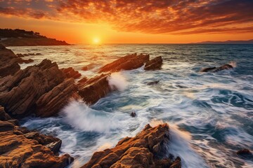 Gorgeous Mediterranean Sunset: Waves Crashing on Coastal Rocks in Natural Seascape
