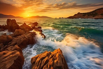 Obraz premium Gorgeous Mediterranean Sunset: Waves Crashing on Coastal Rocks in Natural Seascape