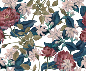 Seamless floral pattern with rose and jasmine drawn in watercolor in vintage botanical style