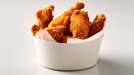 Fried chicken in paper bucket isolated on white background. Generative Ai