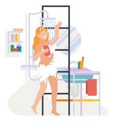 Woman in bathroom interior taking shower. Happy person routine