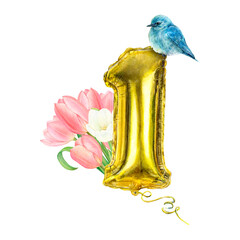 Watercolor illustration set of golden balloon and bluebird and bouquet of tulips hand-drawn on white background. Realistic picture of birthday decoration for icon or logo, designs and greetings