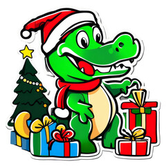 Cute alligator wearing a Santa hat surrounded by gifts And the Christmas tree is playing with toys.
