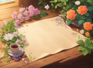 Top view of blank paper and pen on table next to window decorated with summer flowers