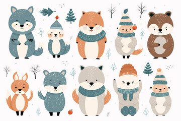 set of animals,Set of cute hand drawn animal in winter hats, scarves, scarves, knitted sweaters, Christmas trees.