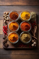 Top view of various aromatic ground spices in small bowls on a brown wooden chopping board with chili pepper, cloves, cinnamon, garlic, seeds. Kitchen, restaurant, market, food, taste concepts