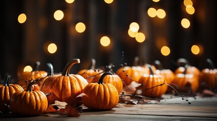 Mini Thanksgiving Pumpkins And Leaves On A Rustic Wooden Table With Lights And Bokeh