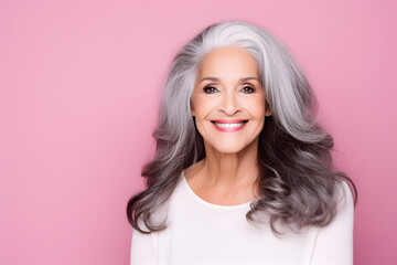 Beautiful elderly woman with culy grey hair. Beauty, fashion and old people concept.