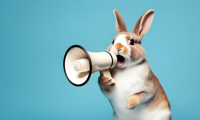 Rabbit announcing using hand speaker. Notifying, warning, announcement.