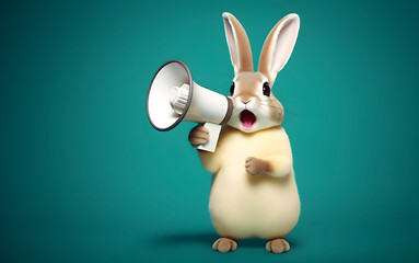 Obraz na płótnie Canvas Rabbit announcing using hand speaker. Notifying, warning, announcement.