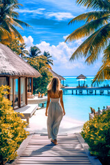 Illustration of a beautiful woman on vacation on a tropical island - obrazy, fototapety, plakaty