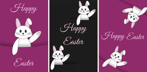 Obraz na płótnie Canvas Design happy Easter day card cover with cartoon Bunny and font. Set magenta Easter posters, banner, card in trendy Y2K style. Celebration web promo. Vector illustration. Pink Rabbit in cut out style.