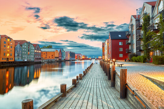 Amazing sunset over the Nidelva river in Trondheim, Norway