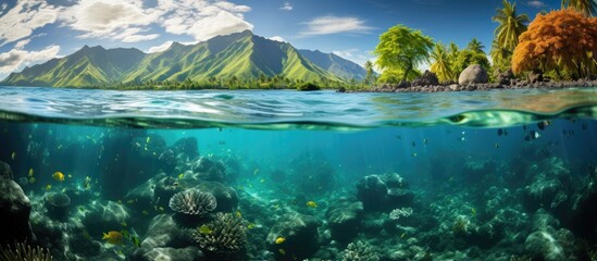 Tahiti lagoon in French Polynesia an underwater scene with corals algae and sunlight penetrating the water surface With copyspace for text - obrazy, fototapety, plakaty