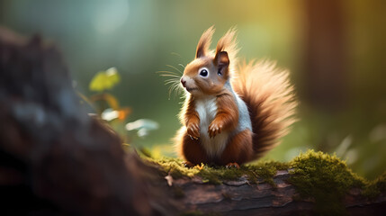 Naklejka na ściany i meble Curious squirrel with an extra fluffy tail, seeking nuts