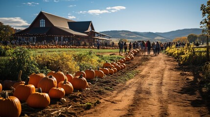 Pumpkin patch farm fall autumn festival with people and stalls - obrazy, fototapety, plakaty