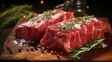 Raw beef fillet steaks mignon with spices on wooden background