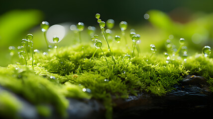 Close-up of fresh green moss still with visible dew drops growing on rocks in the early morning