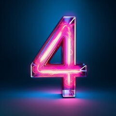 In this 3D rendering, you can see the number four illuminated by a gradient neon light, casting a pink and blue glow in the dark.