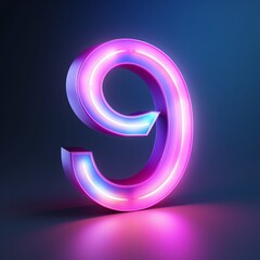 In this 3D rendering, you can see the number nine illuminated by a gradient neon light, casting a pink and blue glow in the dark.