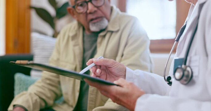 Doctor, patient and consultation in elderly care on clipboard for life insurance or health advice at home. Closeup of medical surgeon or nurse consulting senior man on prescription, diagnosis or plan