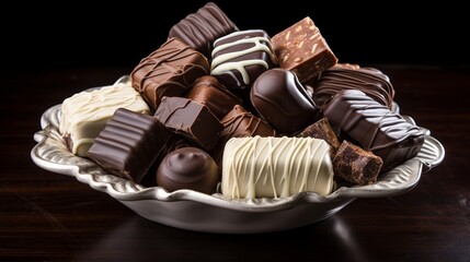 A collection of high-quality chocolates presented in a box, featuring a range of white, dark, and milk chocolates, along with a complementary bowl filled with delectably melted chocolate