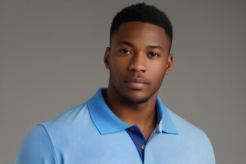 Obraz premium a handsome African-American man wearing a blue polo shirt on a solid grey background