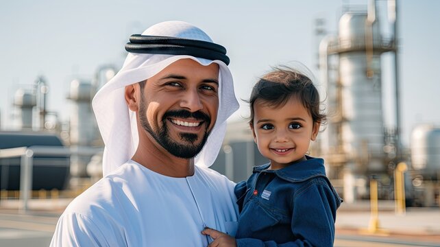 Portrait of rich Arabian businessman standing in front of the oil refinery power plant background. People and business industry concept.