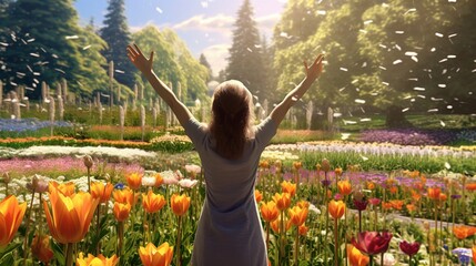 Woman looking to the future with her hands raised high in a flower garden