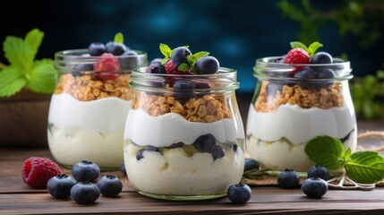 In a collection of glass jars, there's homemade Greek yogurt prepared and ready to be enjoyed. This represents a wholesome and nutritious breakfast option
