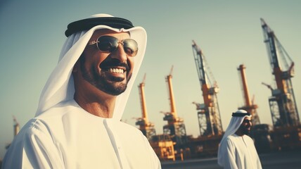 Portrait of rich Arabian businessman standing in front of the oil refinery power plant background. People and business industry concept.