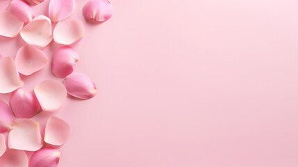 In a minimalist fashion, a collection of delicate pink rose petals is elegantly arranged against a soft pastel pink backdrop