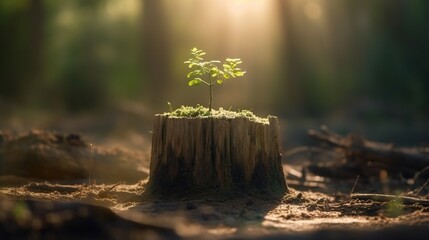 Young tree shoots that emerge from old tree stumps - obrazy, fototapety, plakaty