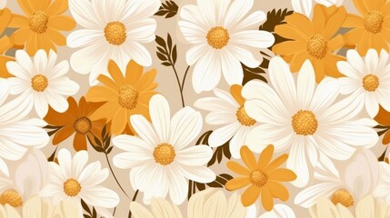 Fototapeta premium A seamless retro pattern inspired by the 70s era, featuring vintage daisy flowers. This pattern is suitable for use in fabric or wallpaper design, adding a touch of nostalgia to any space