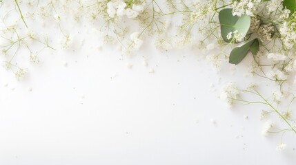 This styled stock photo presents a feminine wedding desktop mockup adorned with baby's breath Gypsophila flowers, delicate dry green eucalyptus leaves, satin ribbon, and a clean white background - obrazy, fototapety, plakaty