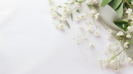 This styled stock photo presents a feminine wedding desktop mockup adorned with baby's breath Gypsophila flowers, delicate dry green eucalyptus leaves, satin ribbon, and a clean white background