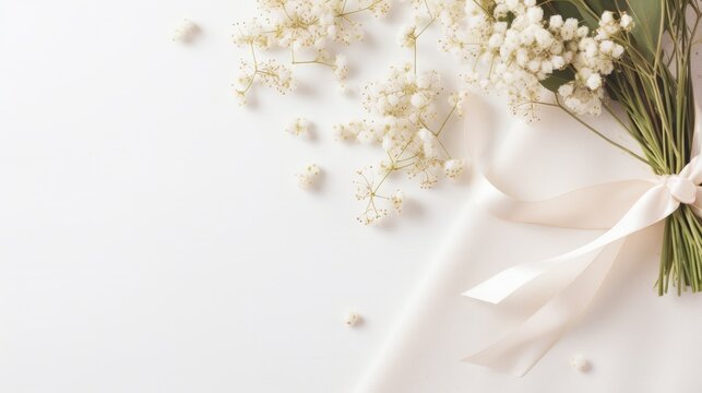 This styled stock photo presents a feminine wedding desktop mockup adorned with baby's breath Gypsophila flowers, delicate dry green eucalyptus leaves, satin ribbon, and a clean white background