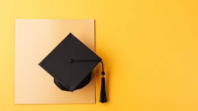 This image showcases a top-down view of a graduation mortarboard (academic cap) and a diploma. They are isolated against a vibrant yellow background, emphasizing the concept of education and academic 